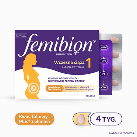 Femibion 1 Wczesna ciąża, suplement diety dla kobiet w ciąży od 1 do 12 tygodnia, zawiera Kwas Foliowy Plus, cholinę, opakowanie na 4 tygodnie, 28 tabletek